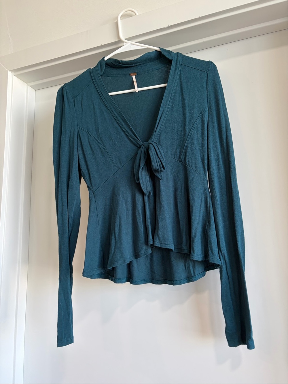 Free People Teal Tie-Front Long Sleeve Blouse